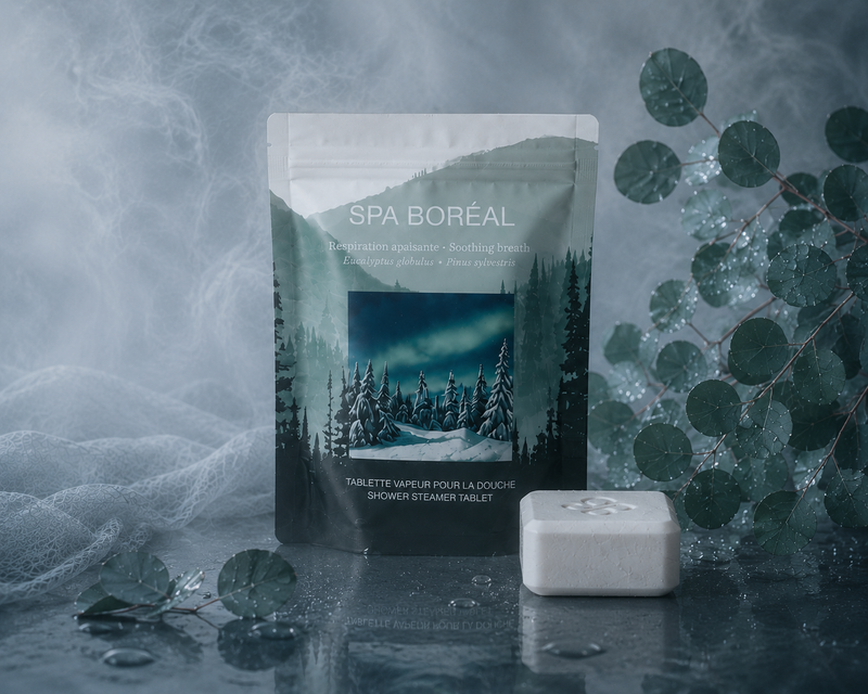 Spa Boréal eucalyptus atmosphere featuring a shower steamer tablet in a cool forest-inspired setting with soft mist, eucalyptus leaves and a Nordic spa mood.