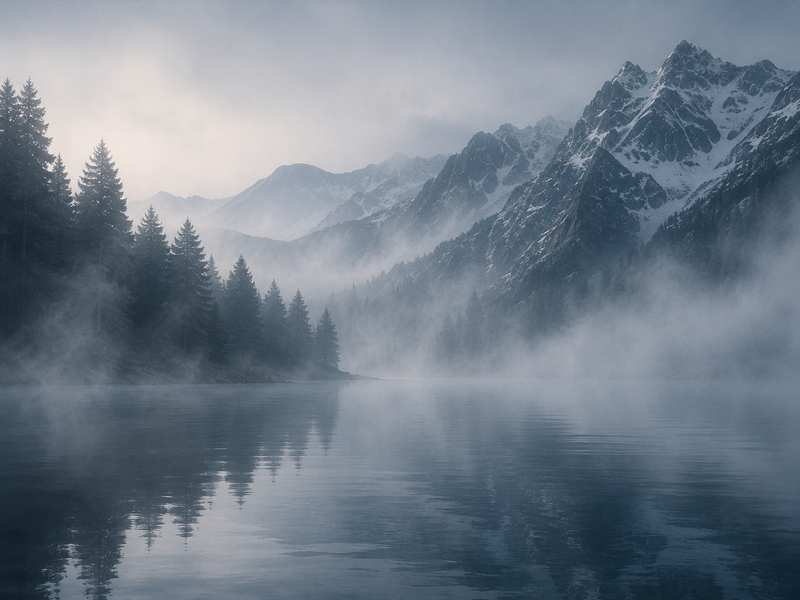 Cold mountain air and eucalyptus-inspired atmosphere with mist and fresh morning clarity.