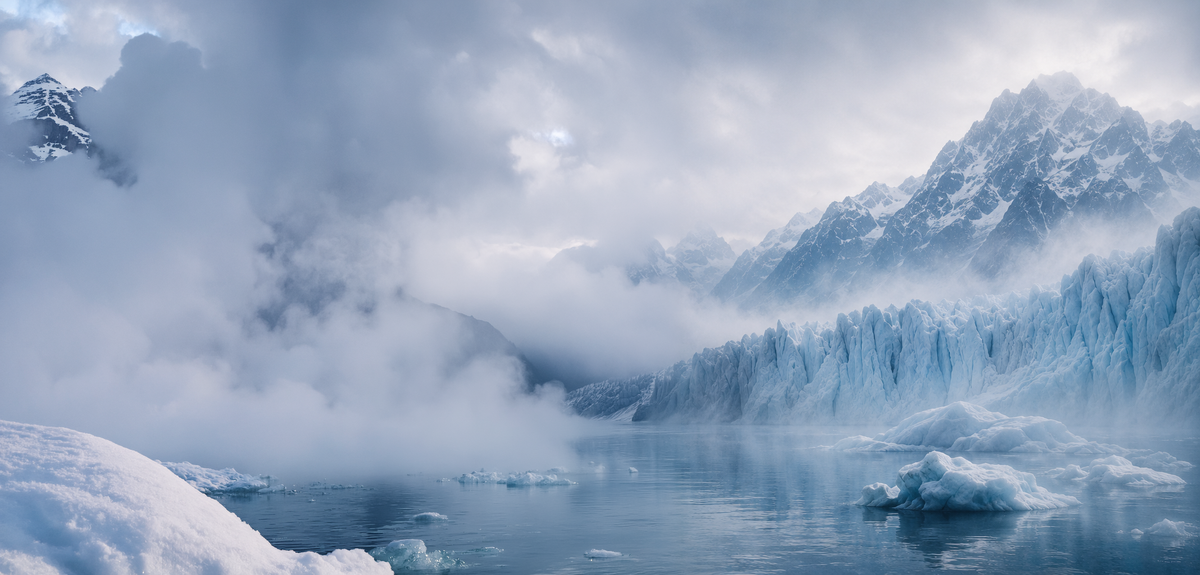 Misty Nordic mountains and icy waters representing the Breathe state of clarity and calm.
