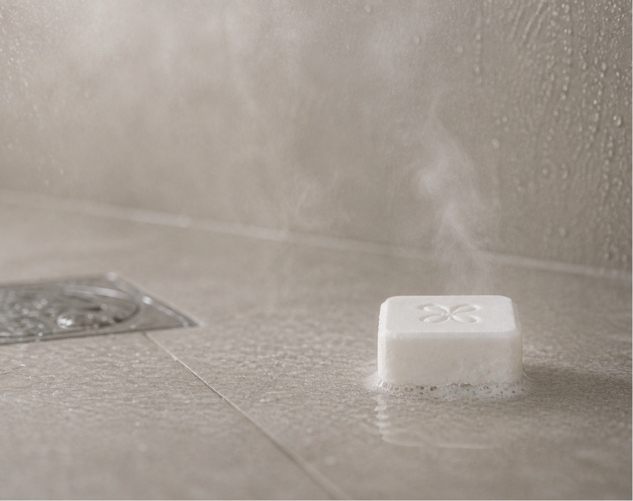 Silknsoak shower steamer tablet dissolving in a warm steam-filled shower environment.