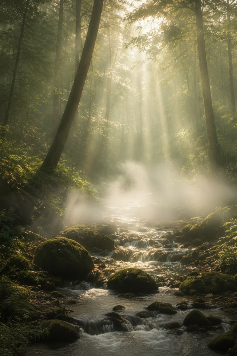 Sunlit forest stream surrounded by mist and greenery representing the Ground ritual state on the Silknsoak homepage.