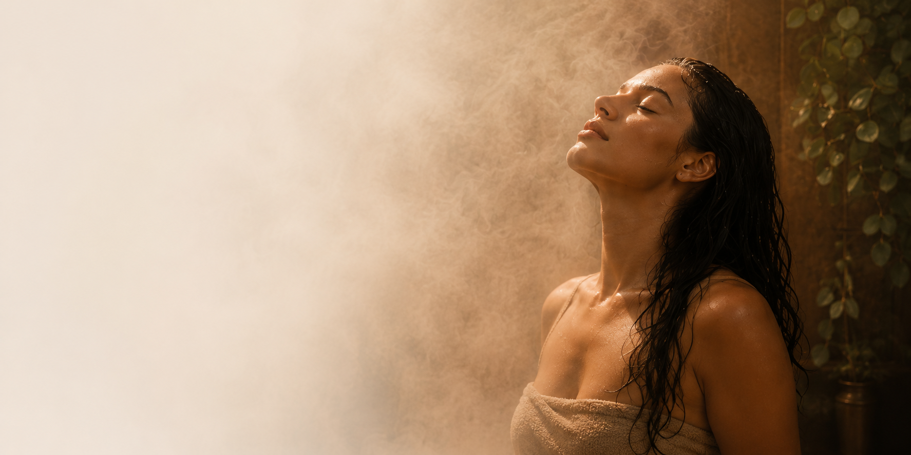 Woman surrounded by warm steam during a calming shower ritual on the Silknsoak homepage.