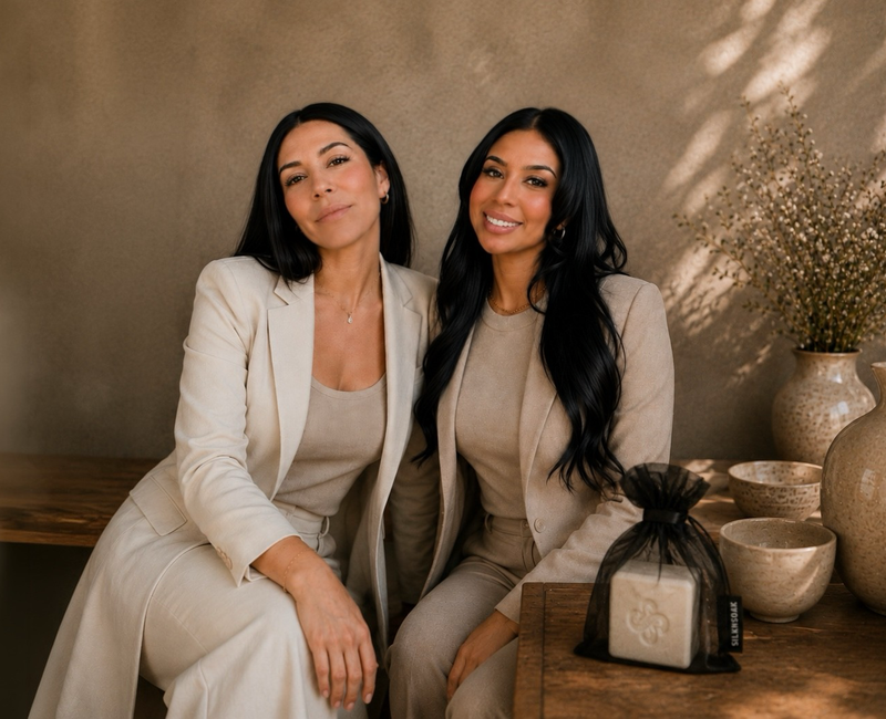 Silknsoak founders Kimberly and Mélanie in a warm ritual-inspired wellness setting on the mobile homepage.